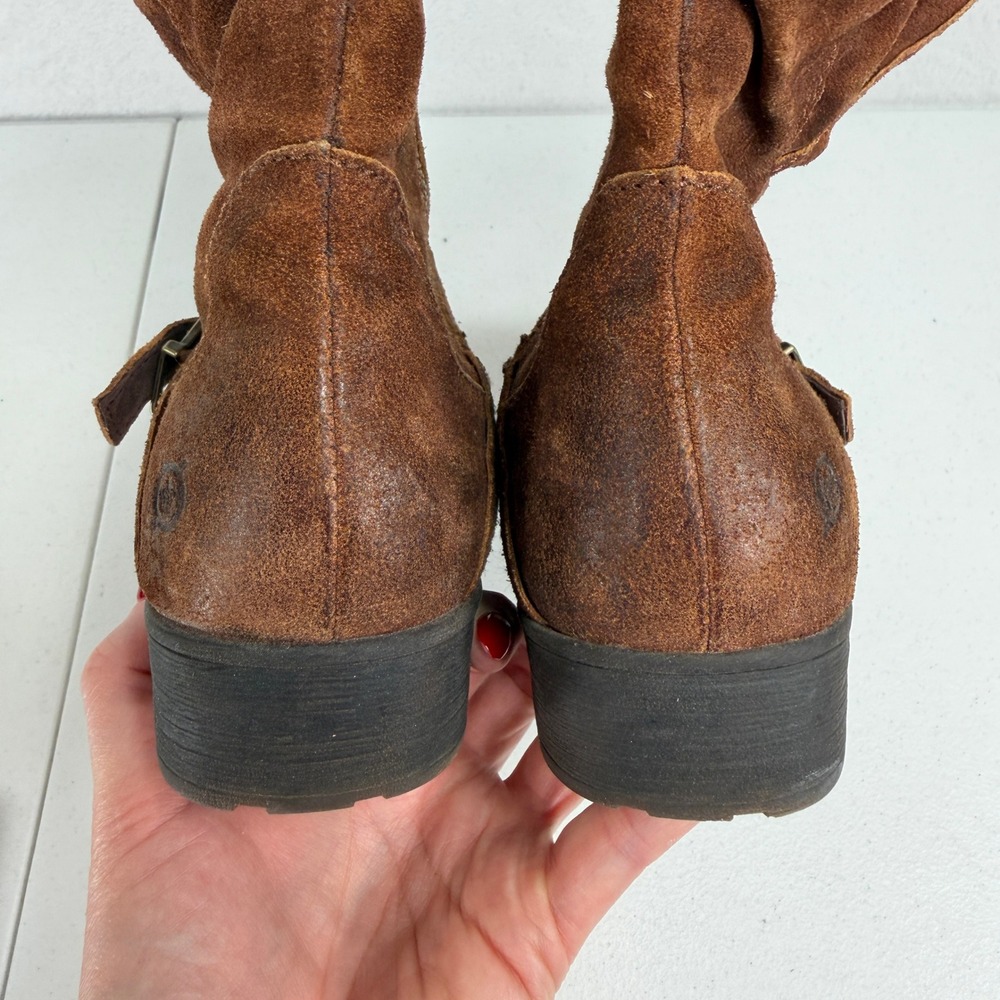 Born 8 Virgo Ankle Boots Brown Suede Slouchy Distressed Buckle Moto Rustic Fall - Picture 9 of 10